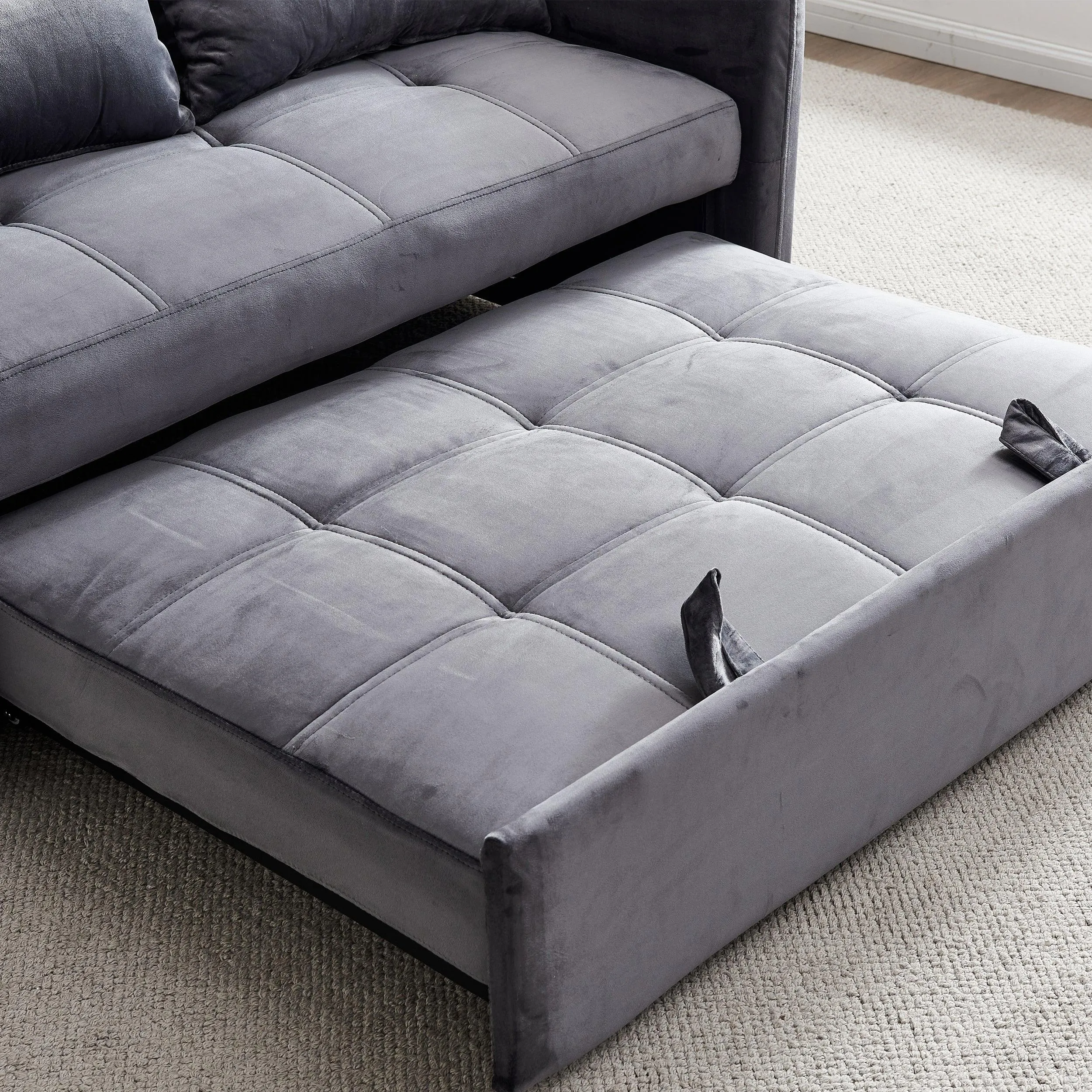 Twin Sofa Bed, 55.5" Tufted Pull Out, Grey Velvet