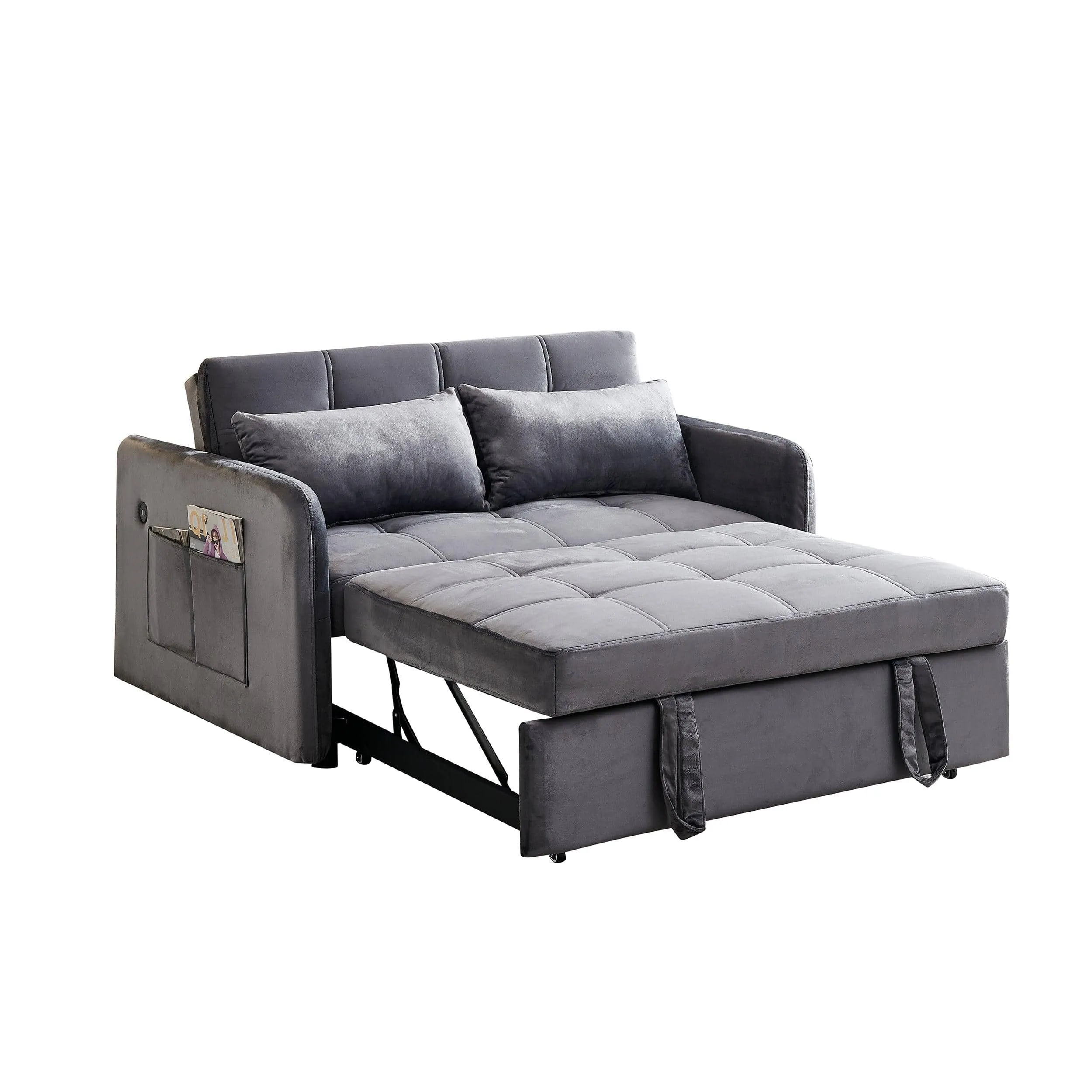 Twin Sofa Bed, 55.5" Tufted Pull Out, Grey Velvet