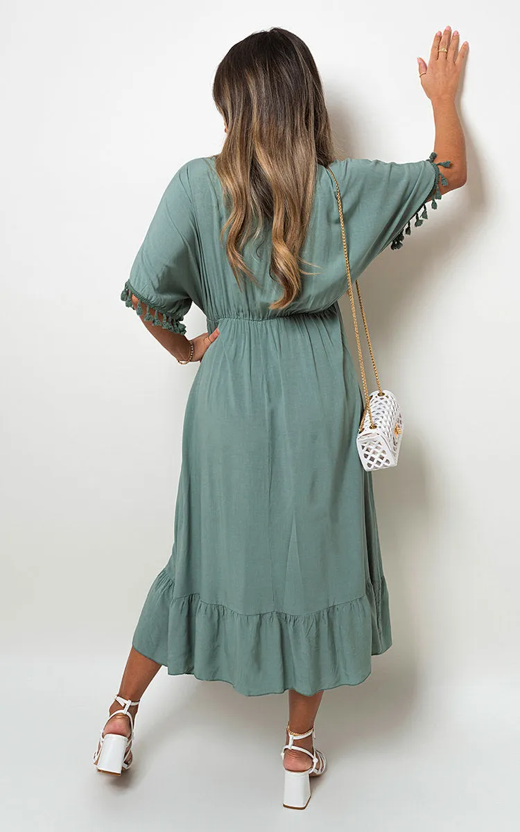 V-neck Rope Tassel Detail Maxi Dress