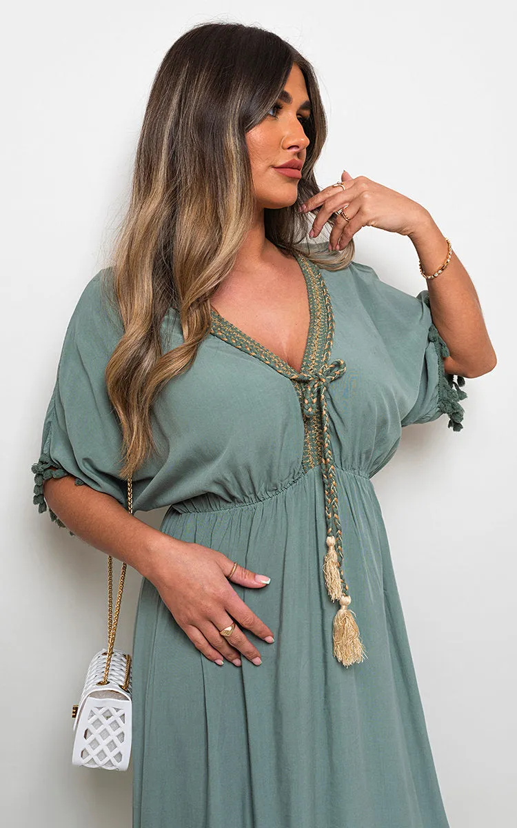 V-neck Rope Tassel Detail Maxi Dress