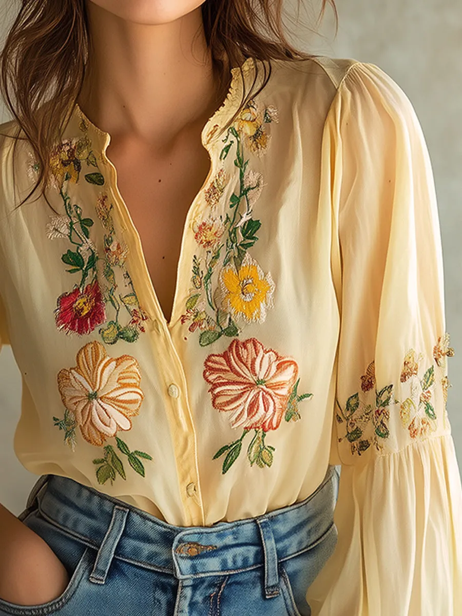 Vintage Chic Yellow Floral Embroidered Blouse