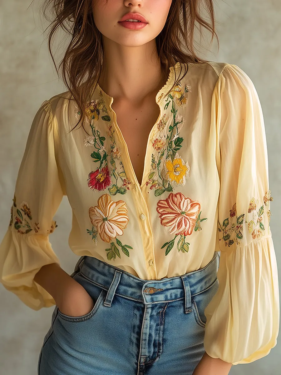 Vintage Chic Yellow Floral Embroidered Blouse