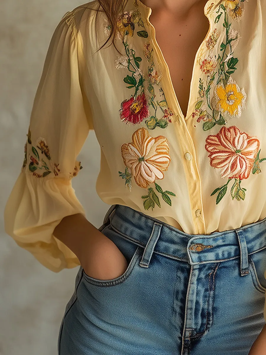 Vintage Chic Yellow Floral Embroidered Blouse