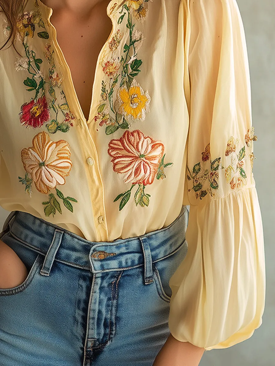 Vintage Chic Yellow Floral Embroidered Blouse