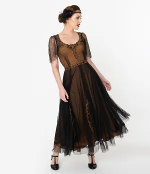 Vintage Style Black & Gold Embroidered Mesh Edwardian Gown