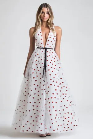 White A Line Heart Print Halter Neck Formal Dress