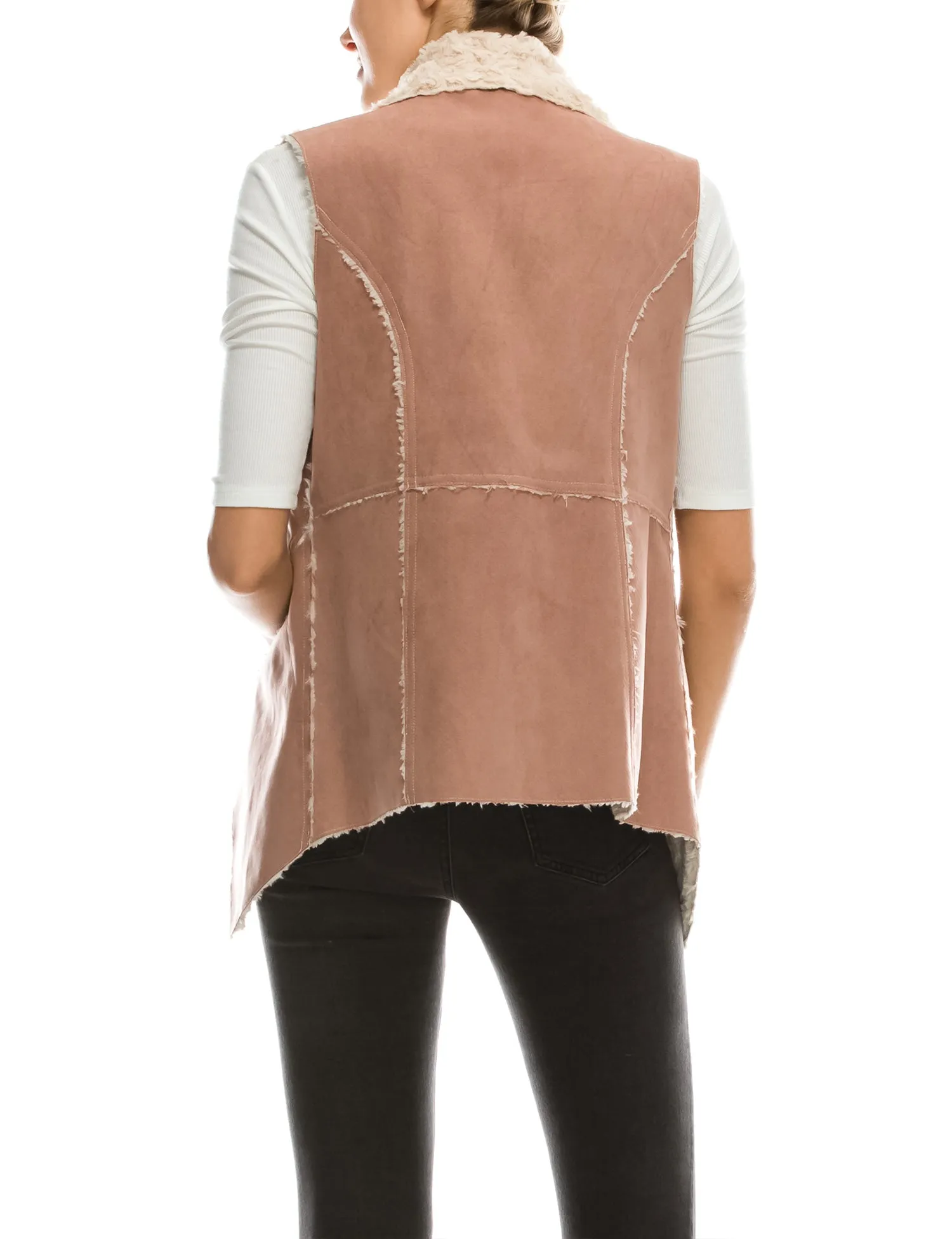 Womens Classic Faux Fur Shearing Fully Lined Suede Vest Coat